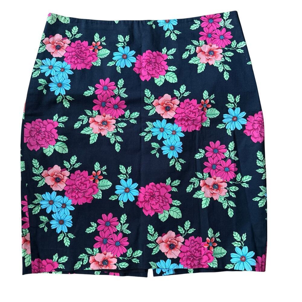 Ann Taylor Black Floral Pencil Skirt Size 12 Career Classic Stretch Spring Work